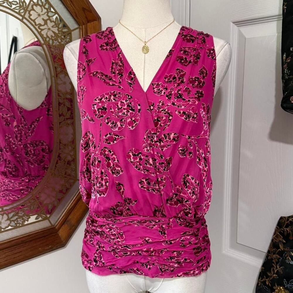 White House Black Market Hot Pink & Black Floral Animal Print Silk Blend Top XS